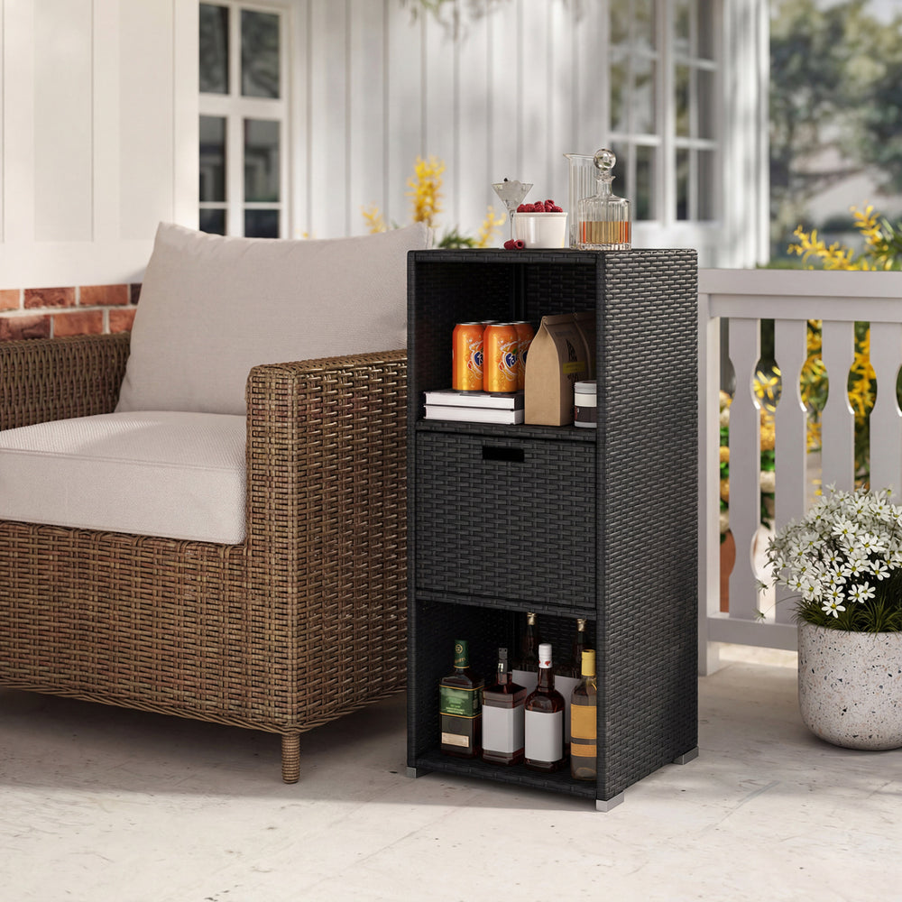 Outdoor Storage Cabinet Patio Wicker Organizer with Drawer-Black - Gallery View 1 of 9