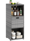Gray outdoor storage cabinet made of hand-woven PE rattan with three shelves and a removable drawer for patio.