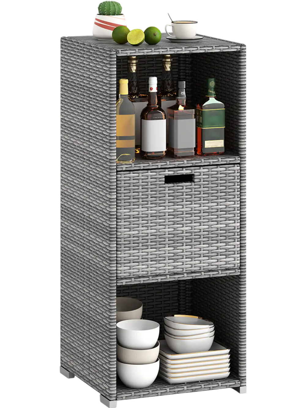 Gray outdoor storage cabinet made of hand-woven PE rattan with three shelves and a removable drawer for patio.