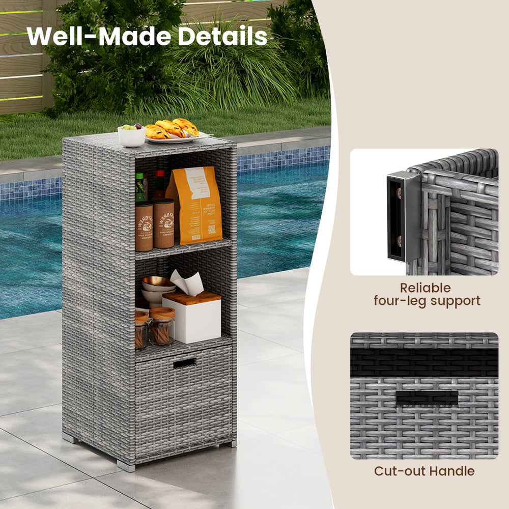 Outdoor storage cabinet in gray wicker with three shelves, countertop, and removable drawer for organized patio use.