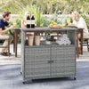 Outdoor storage cabinet with a natural acacia wood top, lockable wheels, and hand-woven PE rattan for patio organization.