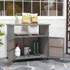 Outdoor storage cabinet with gray PE rattan, acacia wood top, and lockable wheels for easy mobility and organization.