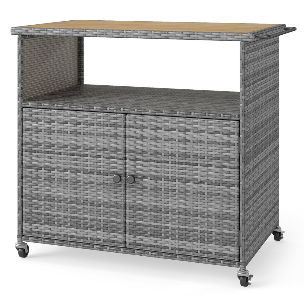 Outdoor storage cabinet in gray with acacia wood top, featuring lockable wheels and ample storage for patio organization.