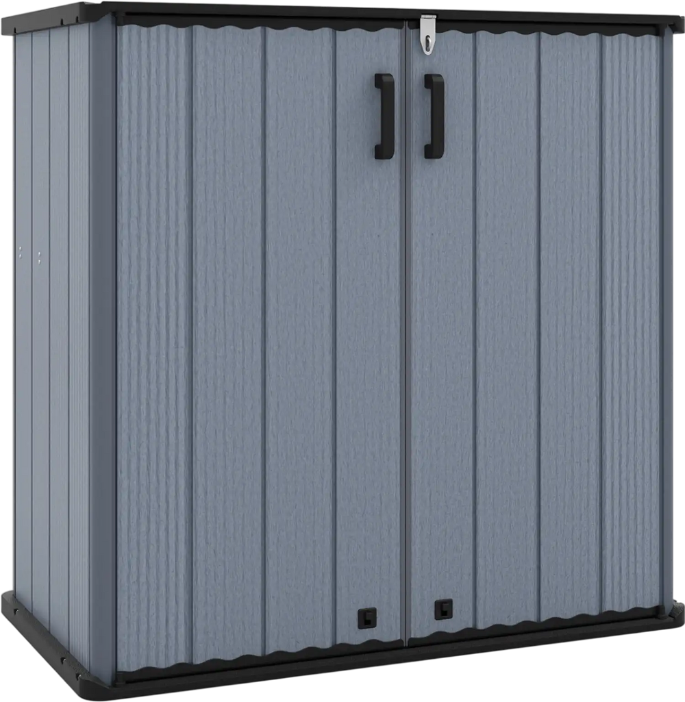Gray outdoor storage shed with lockable doors, waterproof surface, and durable materials for organizing tools and.