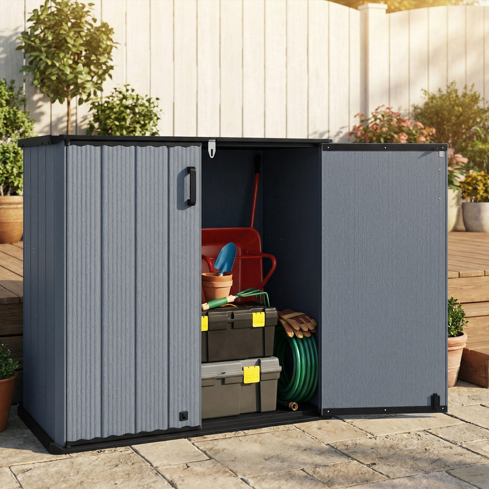 Gray outdoor storage shed with lockable door, waterproof surface, and organized gardening tools for versatile outdoor.