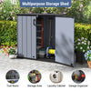 Gray outdoor storage shed with lockable door, ideal for organizing tools and equipment in various weather conditions.