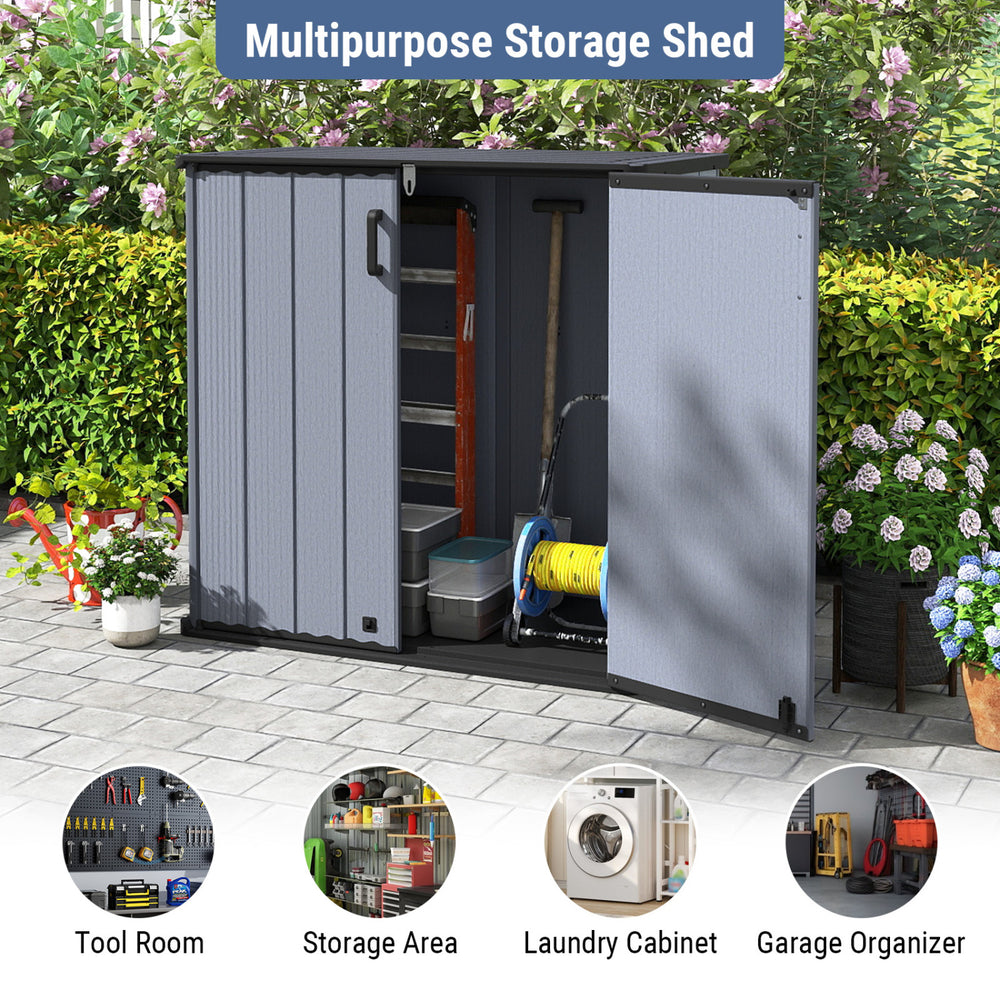 Gray outdoor storage shed with lockable door, ideal for organizing tools and equipment in various weather conditions.
