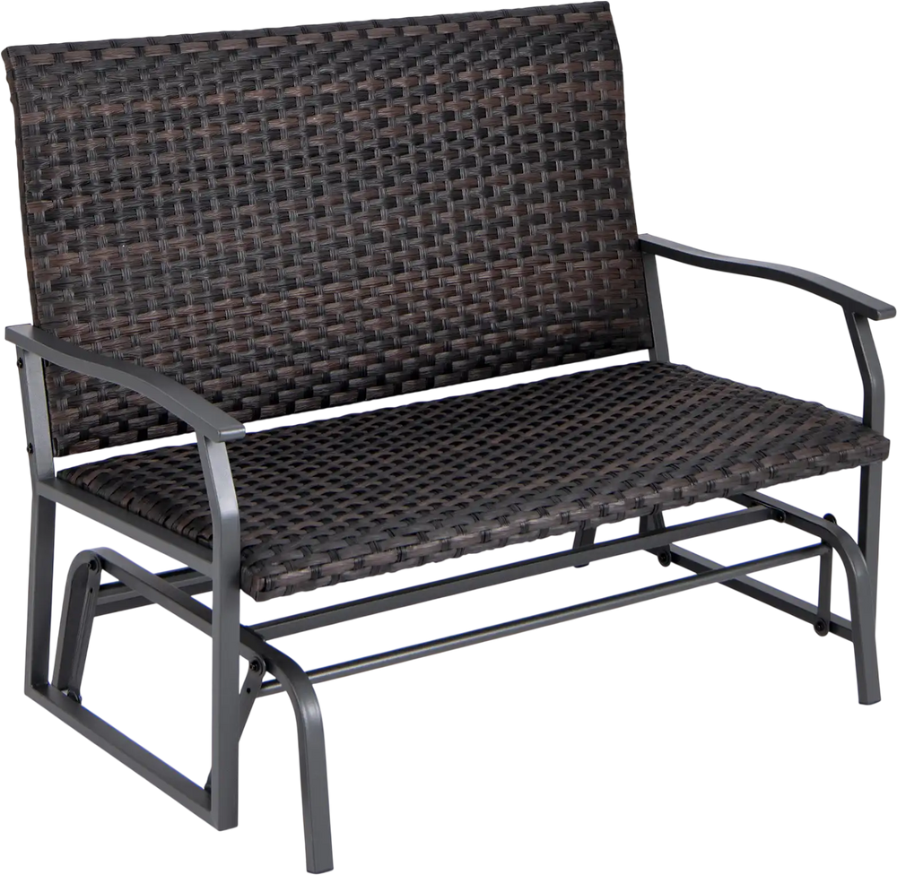 Two-person swing glider bench in brown with premium rattan surface and quick dry foam seat, perfect for outdoor.