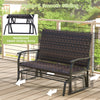 Two-person outdoor swing glider bench with brown rattan surface and quick dry foam seat, perfect for backyard.