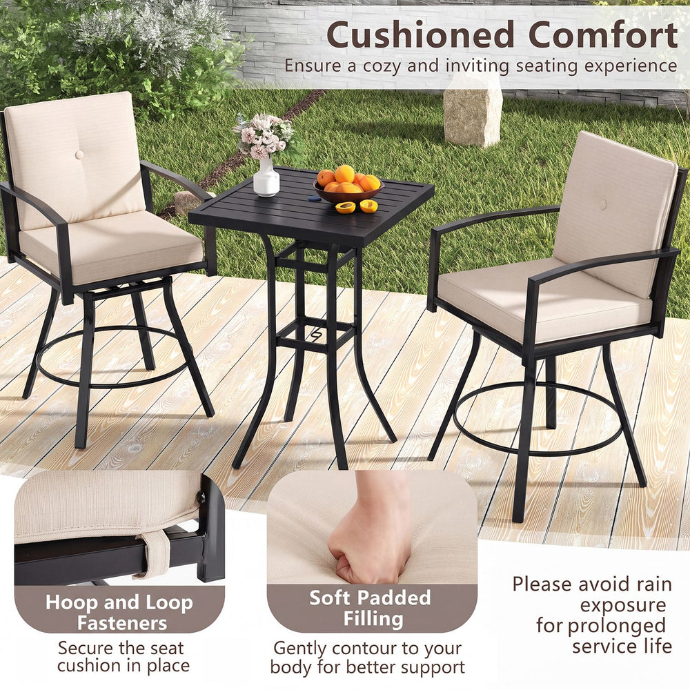 Outdoor swivel bar stools set of 2 in beige with cushioned seats and high backrest, perfect for patio relaxation.