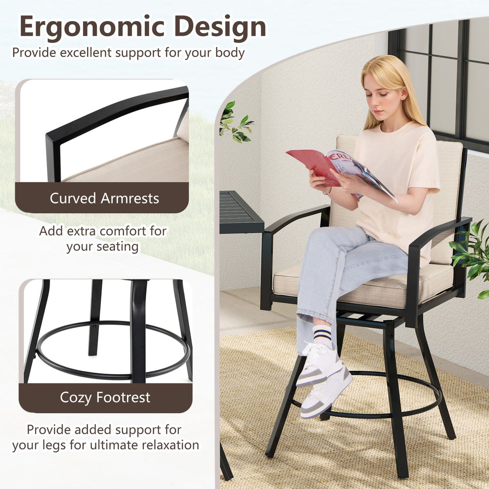 Outdoor swivel bar stool set featuring ergonomic design, cushioned seat, and curved armrests for ultimate comfort.