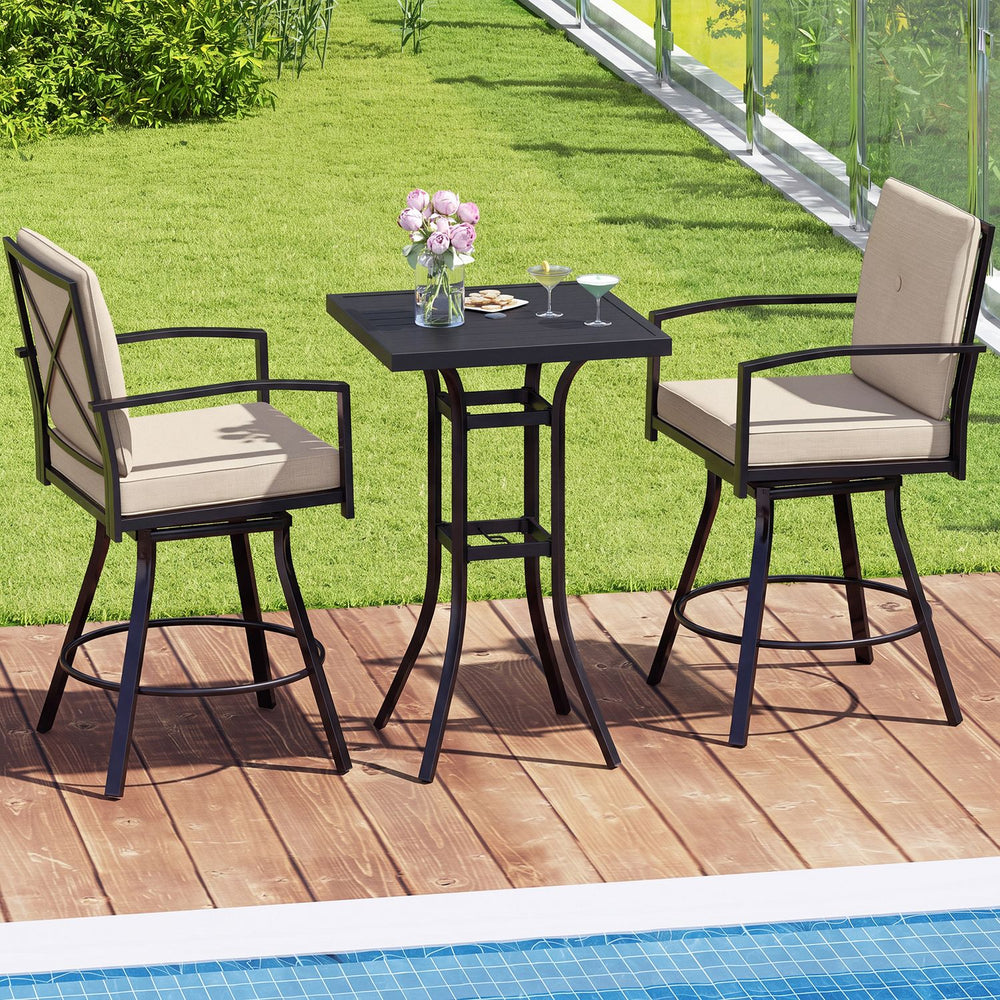 Outdoor swivel bar stools set of 2 in beige with high backrest, perfect for patio or poolside relaxation.