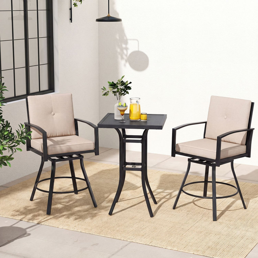 Outdoor swivel bar stools set of 2 in beige with high backrest, perfect for patio or garden seating.