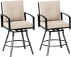 Set of 2 outdoor swivel bar stools with beige cushions, ergonomic design, and heavy-duty metal frame for patio use.
