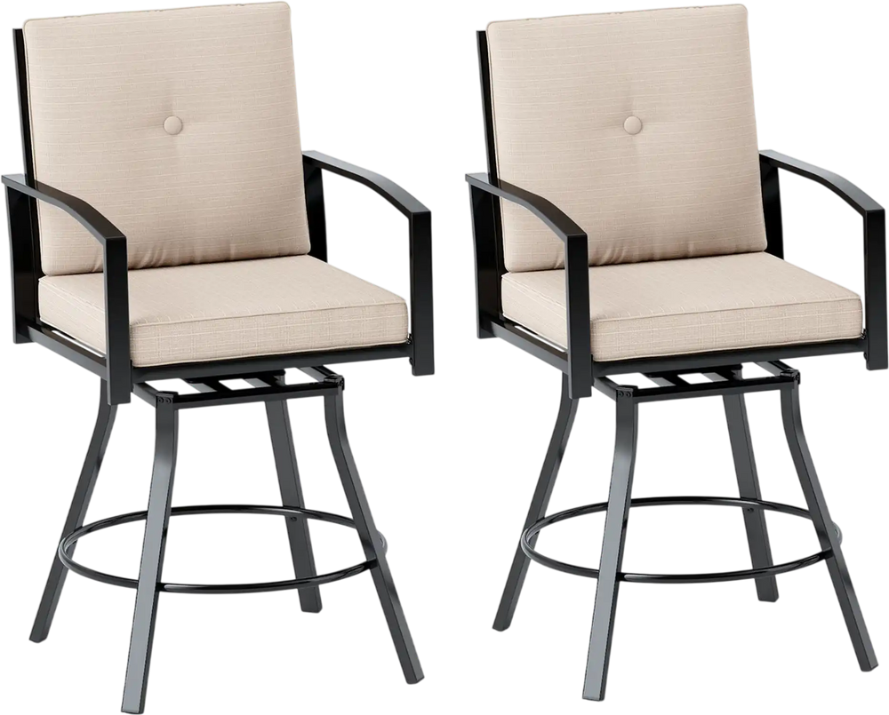 Set of 2 outdoor swivel bar stools with beige cushions, ergonomic design, and heavy-duty metal frame for patio use.