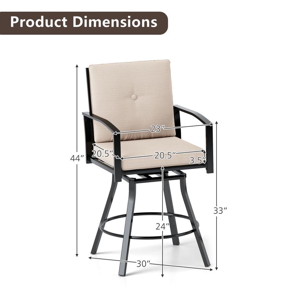 Outdoor swivel bar stool with high backrest, beige cushion, and heavy-duty metal frame, ideal for patio seating.