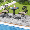 Outdoor swivel bar stools set of 2 with brown cushions, featuring elegant blossom pattern, ideal for patio or poolside.