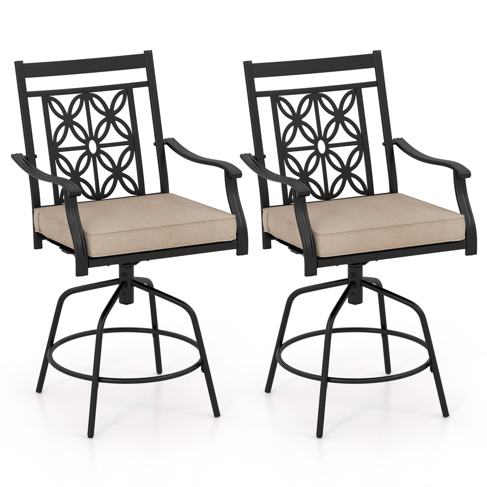 Set of 2 outdoor swivel bar stools with brown cushions, featuring a blossom pattern and durable powder-coated metal.