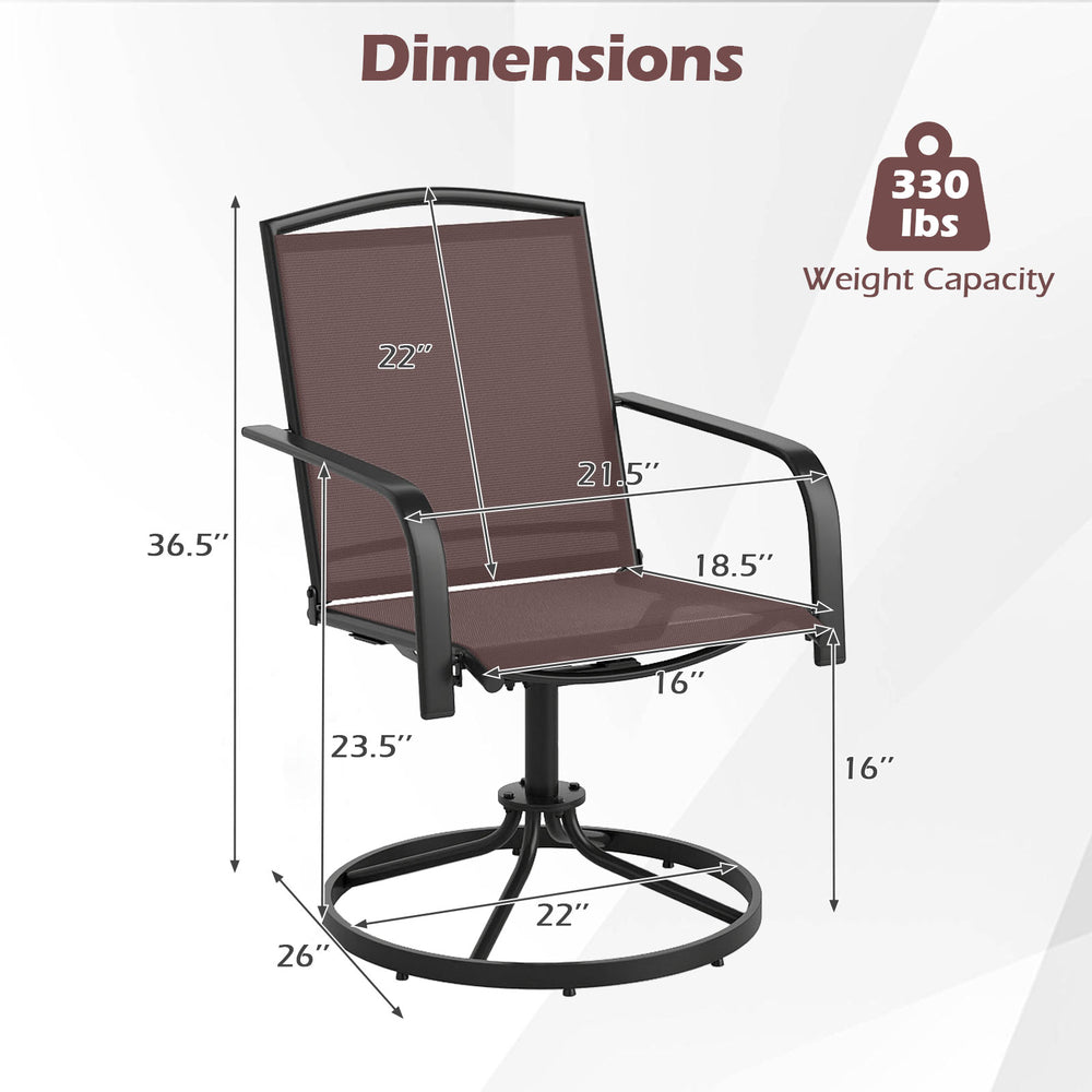 High back outdoor swivel chair with breathable seat, 360° swivel, and sturdy metal frame, ideal for backyard relaxation.