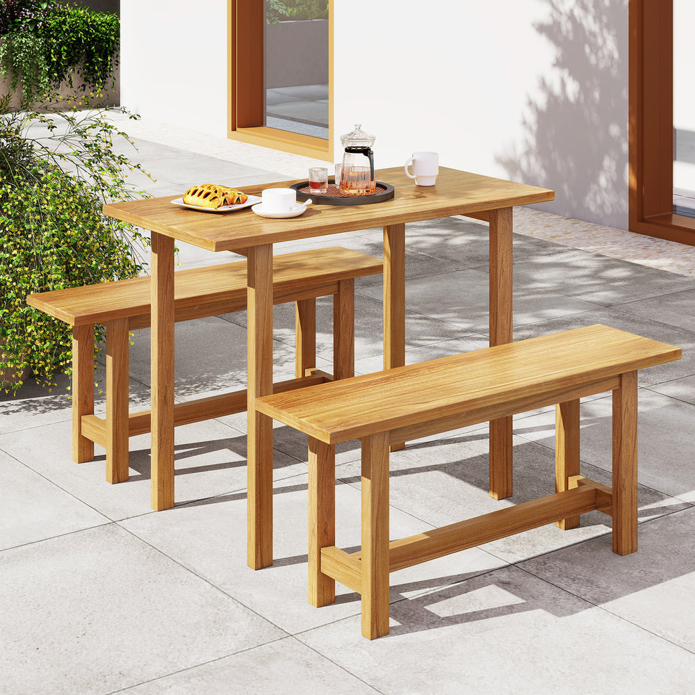 Teak wood outdoor bench set with H-shaped legs, perfect for porch or patio, seating for two.