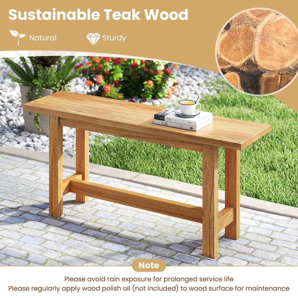 Outdoor teak wood bench with H-shaped legs, ideal for porch or poolside, providing durable and elegant seating for two.