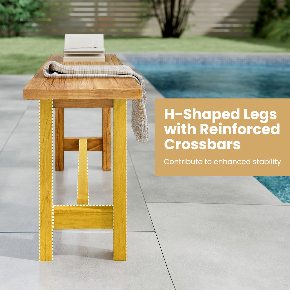 Teak wood bench with H-shaped legs and reinforced crossbars, perfect for porch or poolside seating.