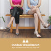 Outdoor teak wood bench with H-shaped legs, perfect for two, ideal for porch or backyard relaxation.