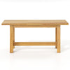 Teak wood outdoor bench with H-shaped legs, ideal for porch or patio, comfortably seats 2 people.