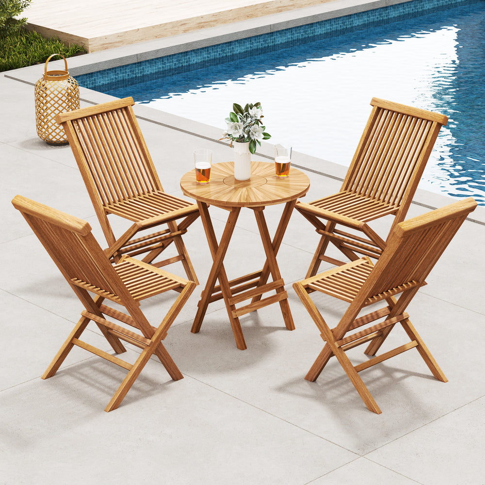 Set of two outdoor teak wood chairs with slatted seats, folding design, perfect for yard or beach relaxation.
