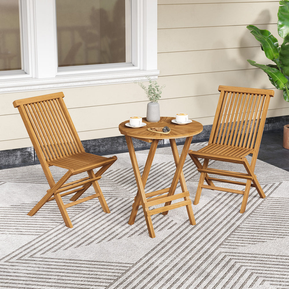 Set of 2 outdoor teak wood chairs with slatted seats, folding design, perfect for yard or beach relaxation.