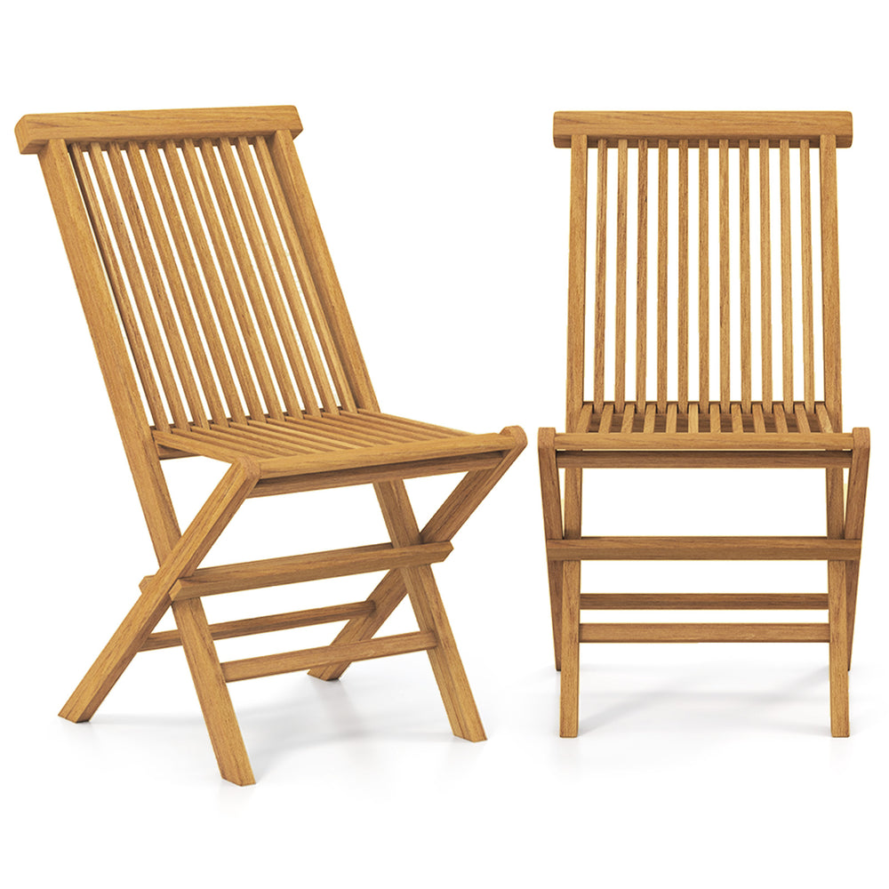 Set of 2 outdoor teak wood chairs with slatted seat and backrest, featuring a folding design for easy storage.