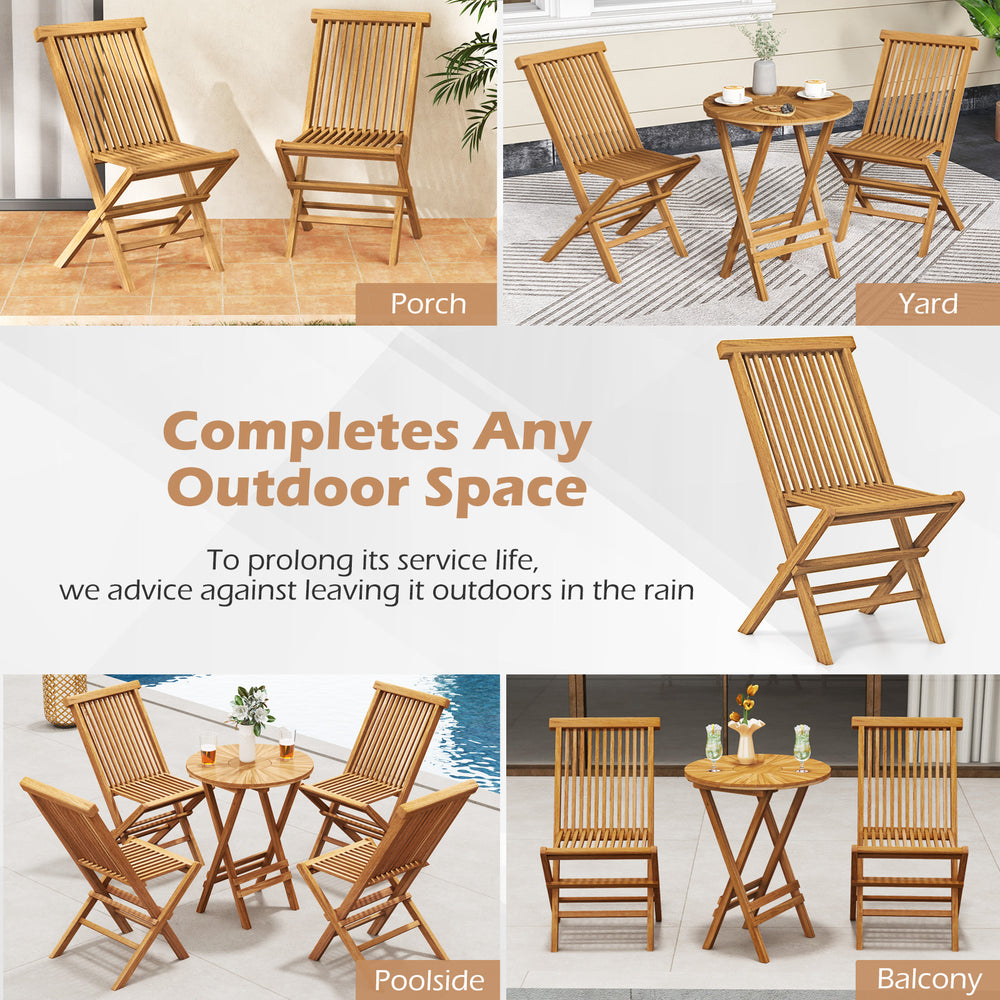 Set of 2 outdoor teak wood chairs with slatted seat and backrest, perfect for patio or balcony relaxation.