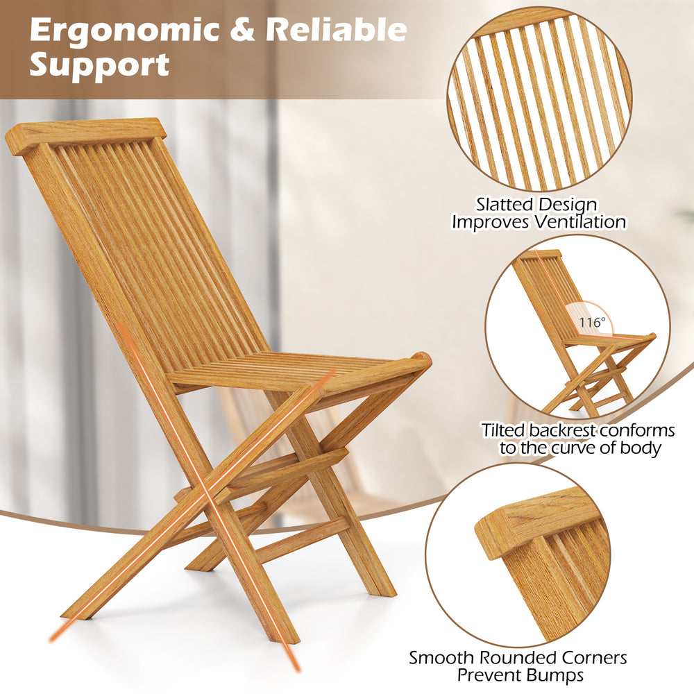 Folding outdoor teak wood chair with slatted seat and backrest, 116° inclined for comfort, perfect for yard or beach.