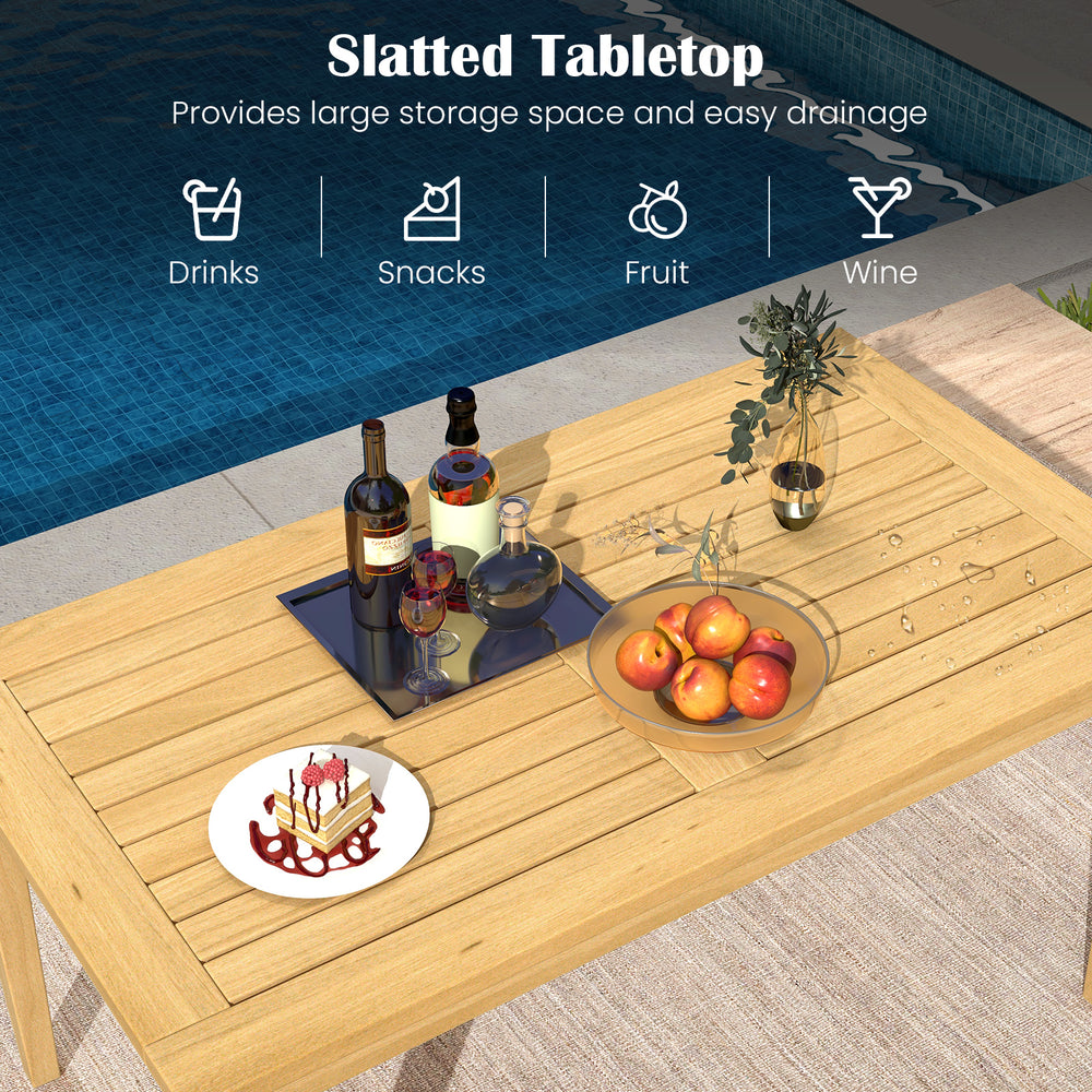 Outdoor teak wood coffee table with slatted tabletop, ideal for balcony use, featuring spacious storage and easy.