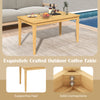Outdoor teak wood coffee table with slatted tabletop, sturdy feet, and elegant design for balcony use.