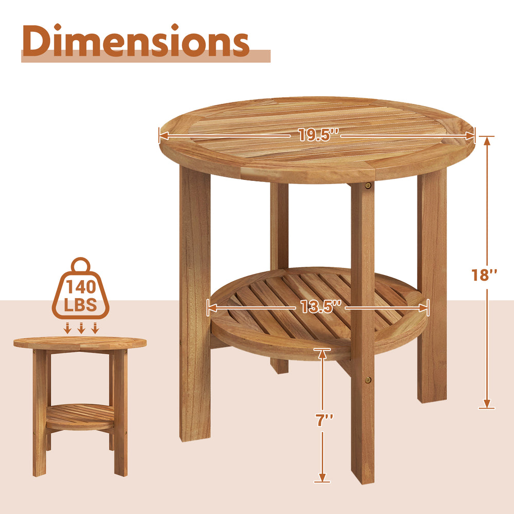 Round outdoor teak wood side table with slatted storage shelf, 18" tall, ideal for patio use and stylish decor.