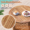 Teak wood round side table showcasing natural grains, featuring a spacious top and slatted storage shelf for outdoor.