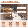 Round outdoor teak wood side table with slatted storage shelf, perfect for magazines, snacks, and cups on your patio.