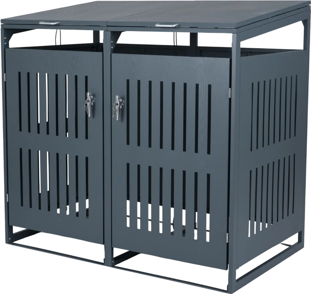Outdoor trash can storage shed for 2 bins in gray with gas struts, lockable doors, and modern slant-roof design.