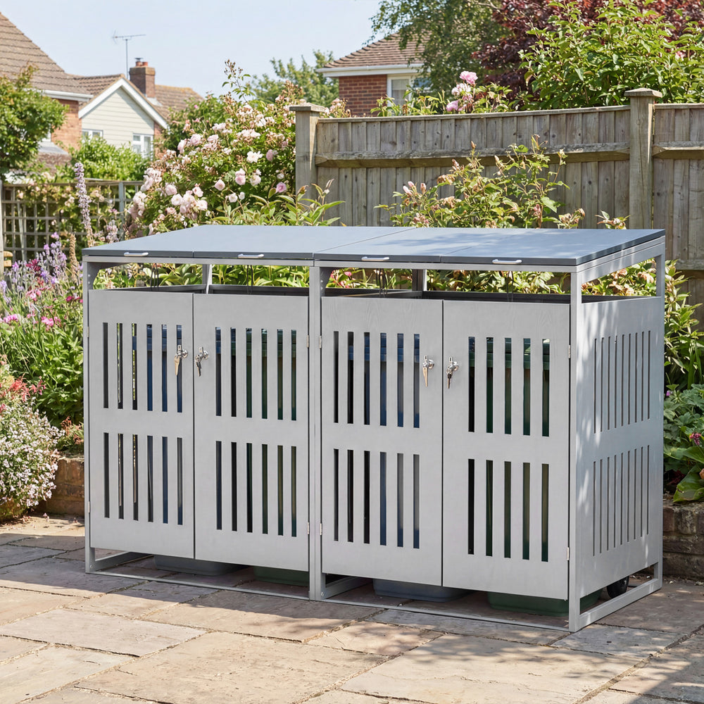 Outdoor Trash Can Storage Shed for 2 Bins with Gas Struts-Silver - Gallery View 1 of 10