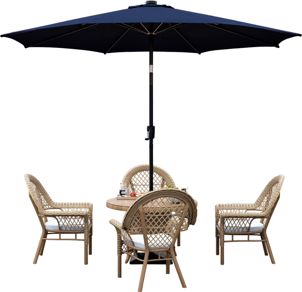 Navy 10 feet patio umbrella with 112 solar lights, crank handle, and sturdy metal ribs for outdoor relaxation.
