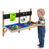 Outdoor wall-mounted mud kitchen for kids featuring a sink, stovetop, and water faucet for imaginative play.