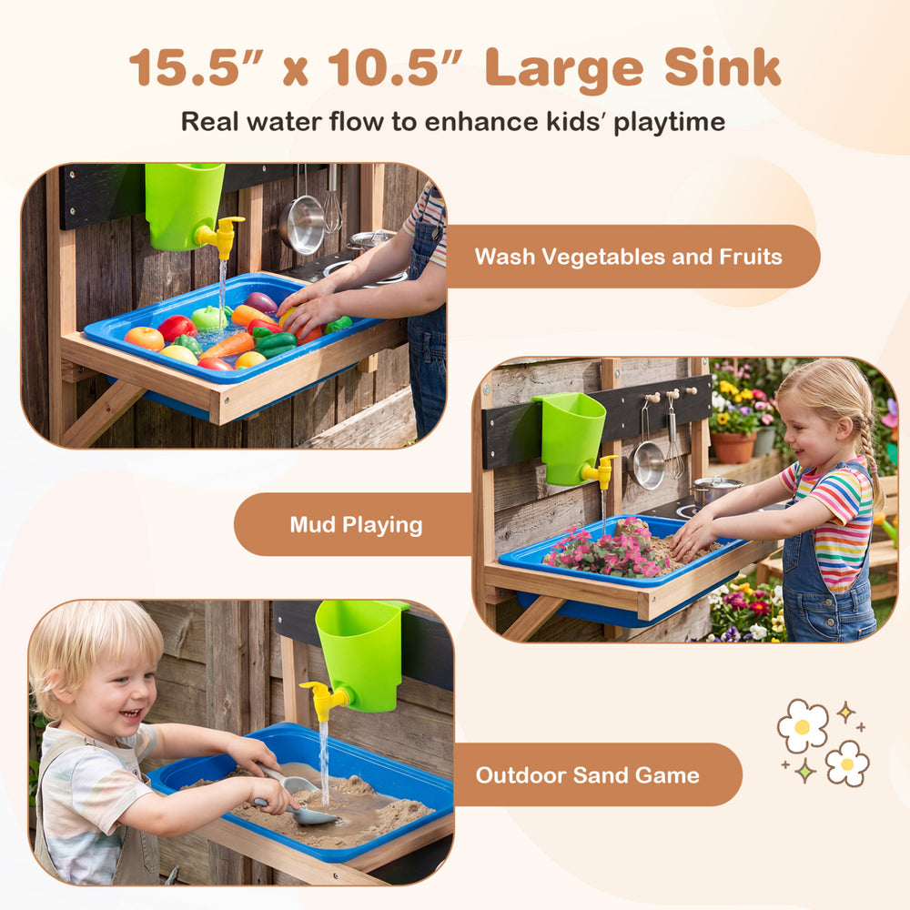 Large sink in the outdoor wall-mounted mud kitchen for kids, perfect for washing vegetables and mud play.