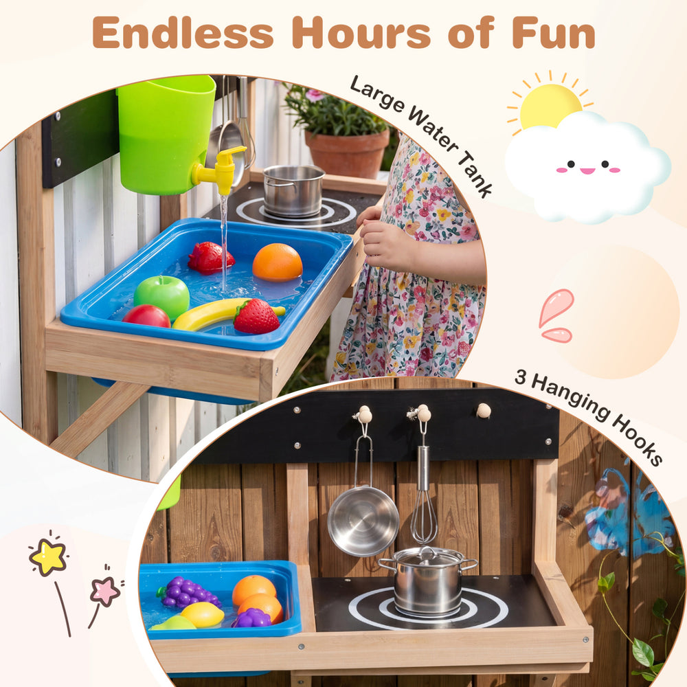 Outdoor wall-mounted mud kitchen for kids featuring a large water tank, stovetop, and 3 hanging hooks for organized.