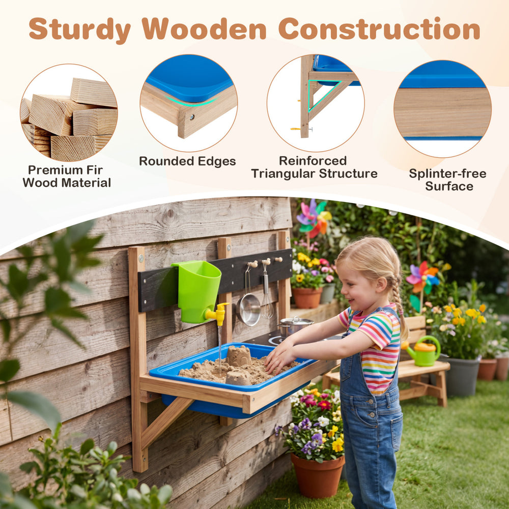 Outdoor wall-mounted mud kitchen for kids featuring a large sink, sturdy fir wood, and splinter-free design for safe.