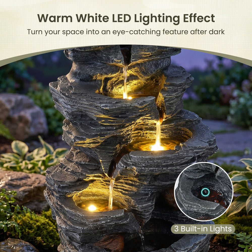 5-tier outdoor water fountain with LED lights, cascading rock design, and realistic stone gray finish for calming.