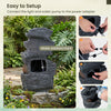 Outdoor water fountain with LED lights showing the water addition point and power adapter connection for easy setup.