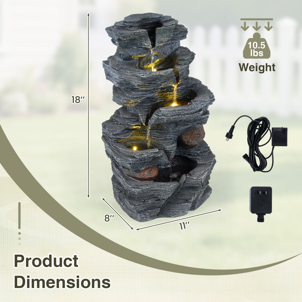 5-tier tabletop outdoor water fountain with LED lights, cascading design, and realistic stone gray finish for.
