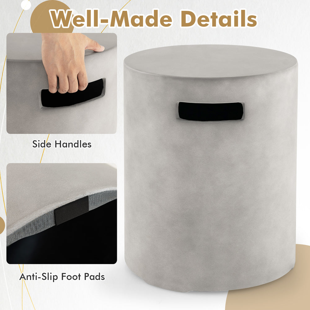 Round outdoor tank hideaway table with side handles, anti-slip foot pads, and weather-resistant surface for propane.