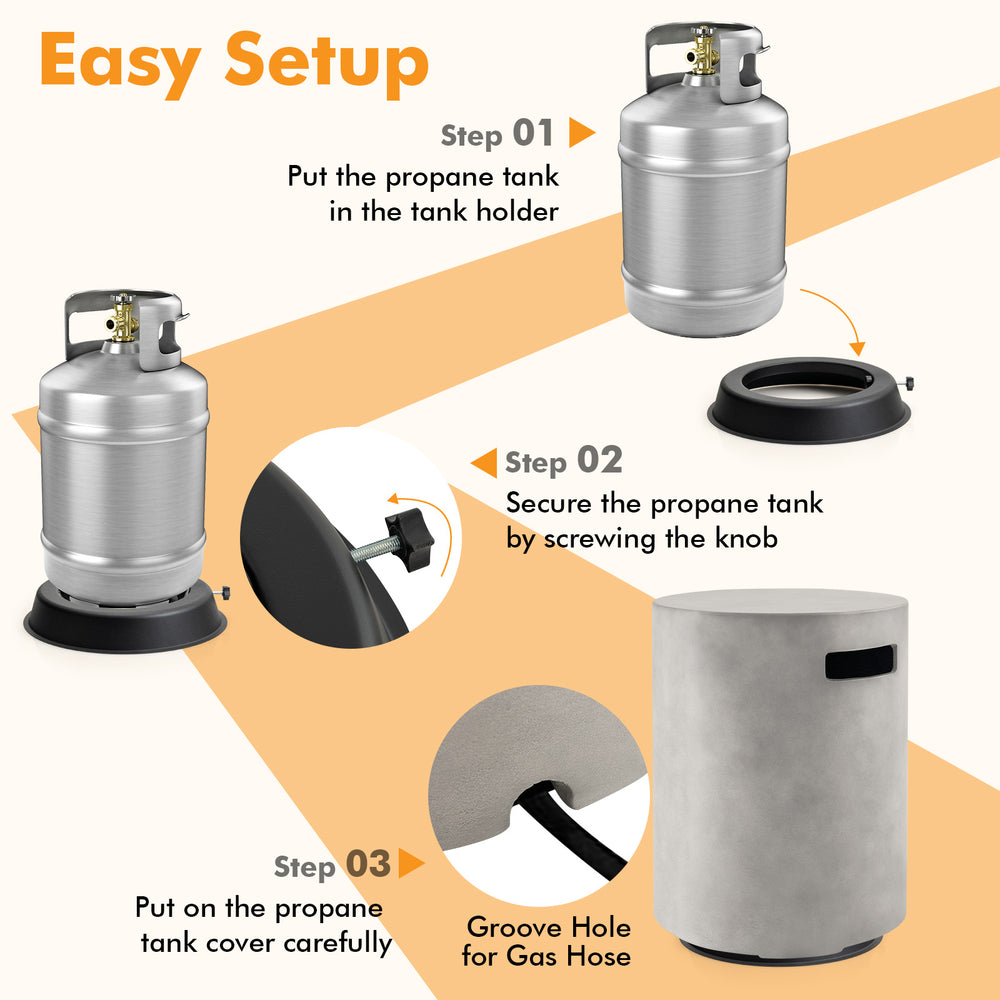 Outdoor weather-resistant tank hideaway table for standard 20 lbs propane gas tank, featuring a groove hole for gas.